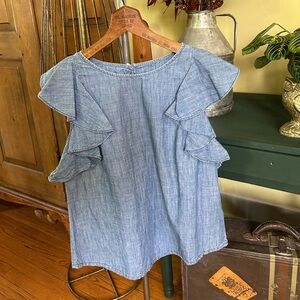 J. Crew Denim Chambray Ruffle Sleeve Blouse